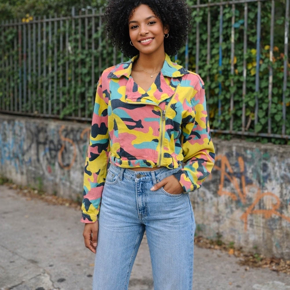 Colorful Camo Cropped Moto Jacket Y2K Streetwear Festival Indie Grunge Rave SZ L